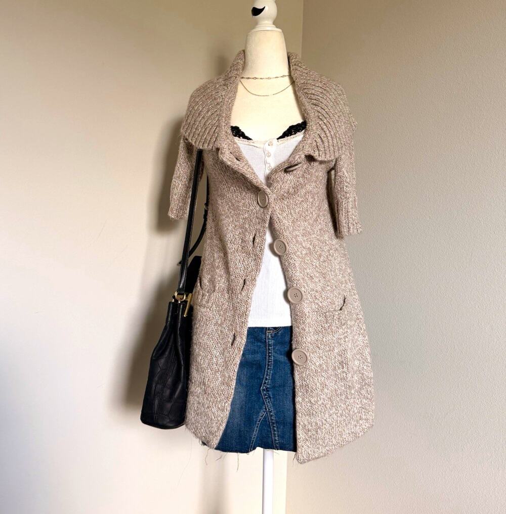 Y2K Xhiliration Women’s Knit Button-Front Collared Cardigan Sweater Beige M